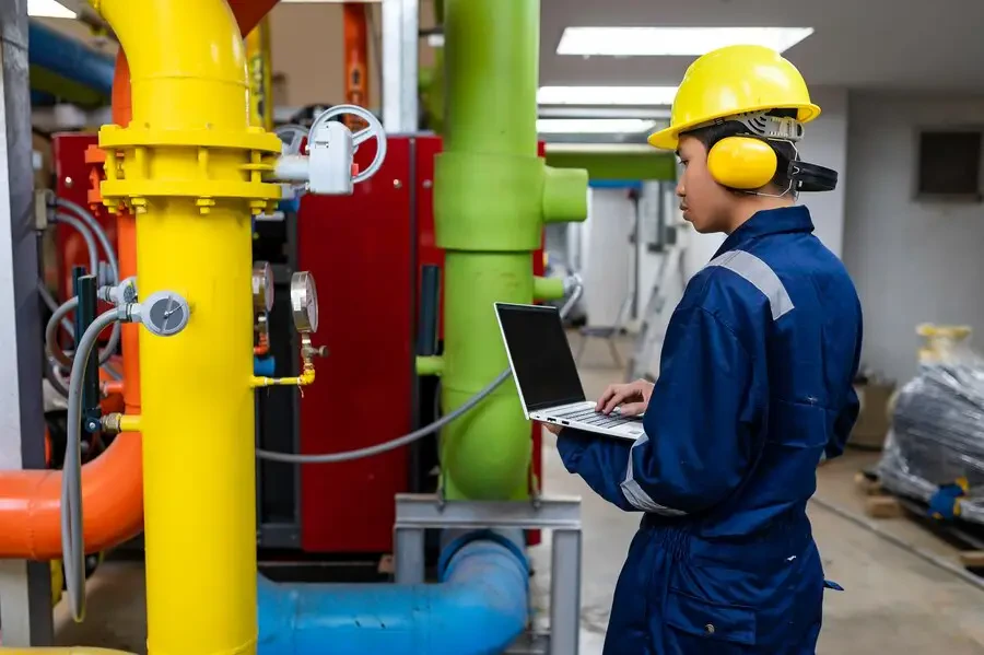 Engineers wearing hearing protection at an industrial facility